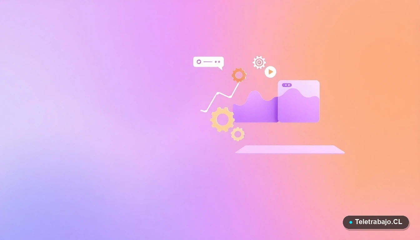 Elementos de interfaz de usuario abstractos, gráficos y engranajes flotantes en colores lavanda y durazno, concepto de tecnología y datos para capacitación digital.