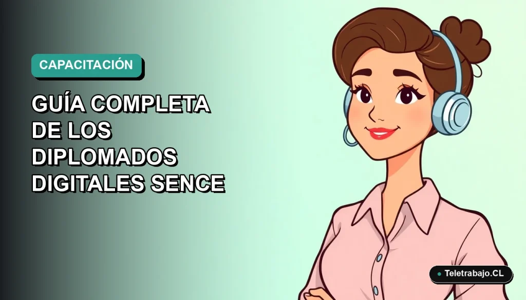 Ilustración plana vectorial de una mujer profesional de teletrabajo, con fondo degradado azul verdoso, para diplomados SENCE 2026.