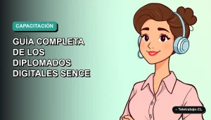 Ilustración plana vectorial de una mujer profesional de teletrabajo, con fondo degradado azul verdoso, para diplomados SENCE 2026.