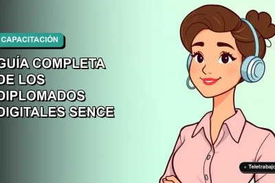 Ilustración plana vectorial de una mujer profesional de teletrabajo, con fondo degradado azul verdoso, para diplomados SENCE 2026.