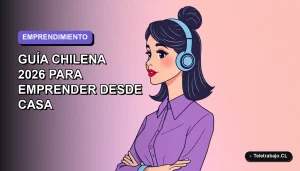 Ilustración vectorial plana de una mujer chilena emprendedora trabajando desde casa, estilo Corporate Memphis, fondo degradado lavanda.
