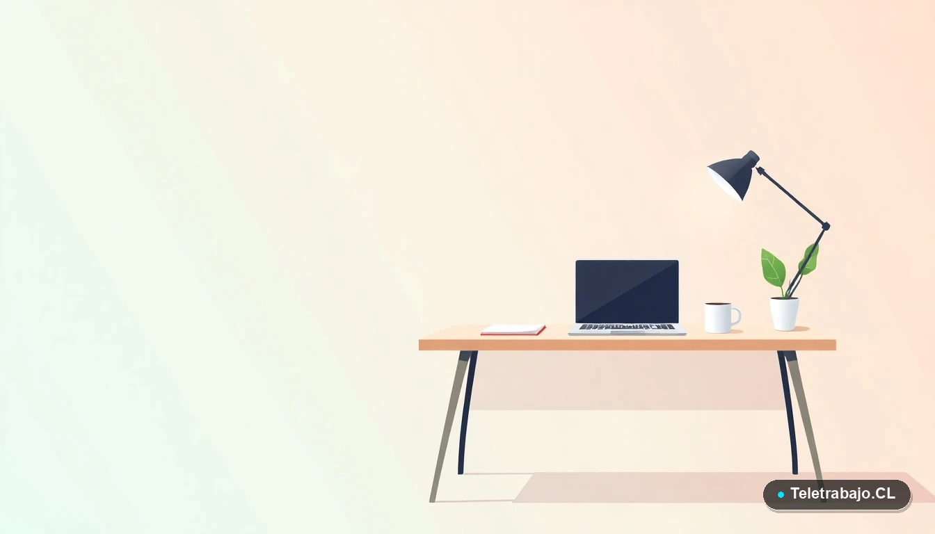 Escritorio moderno minimalista para trabajar desde casa, con laptop, cuaderno y café, ilustración vectorial plana con fondo degradado menta.