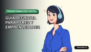 Ilustración plana corporativa de una mujer profesional chilena sonriente, con blusa azul y pelo corto, sobre un fondo degradado verde y blanco. Representa la transformación digital para pymes en 2026.