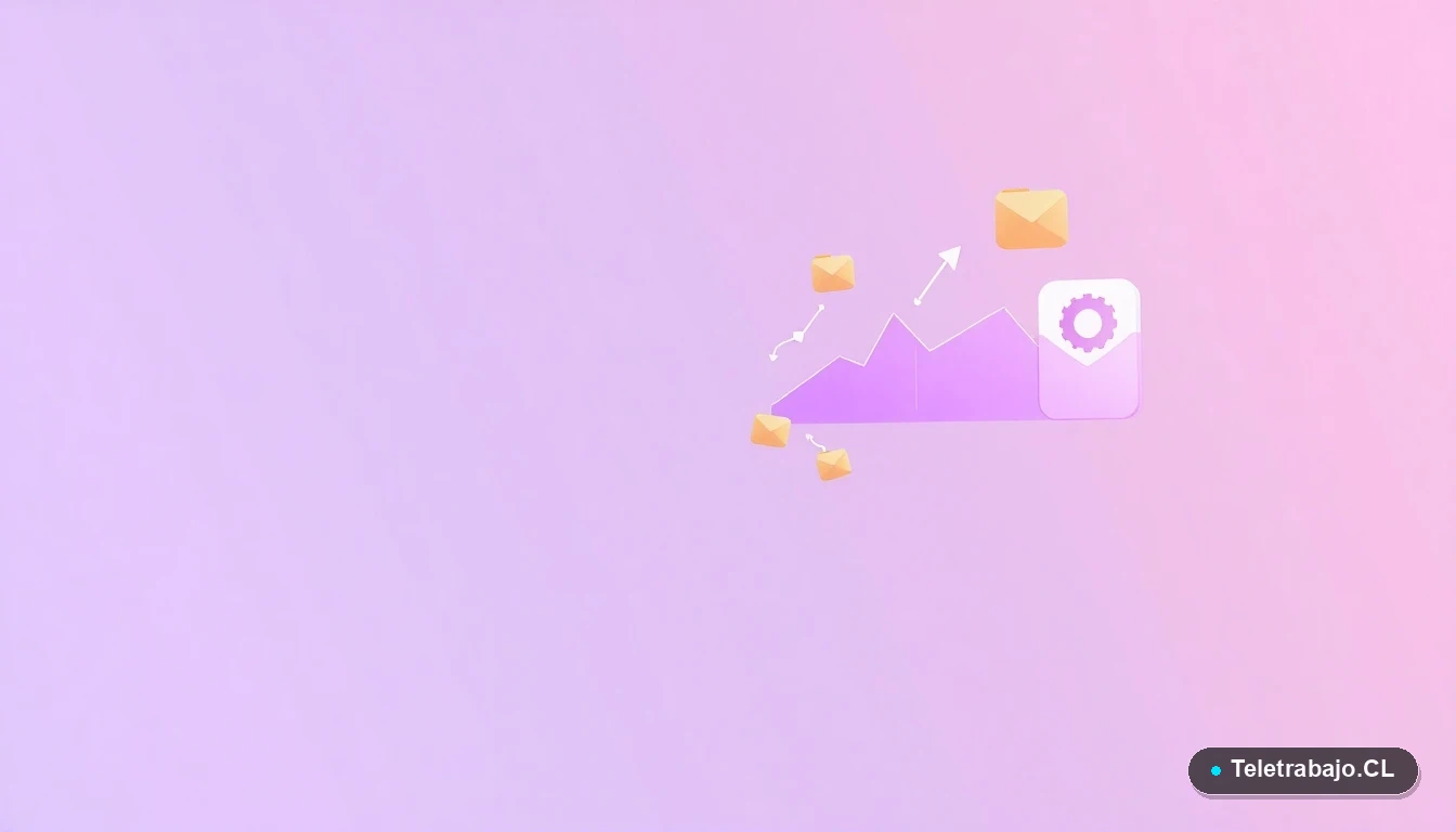 Elementos de interfaz de usuario abstractos y modernos: gráficos en ascenso, un engranaje y carpetas flotantes en tonos lavanda y durazno, sobre fondo degradado. Concepto de tecnología y datos para pymes.