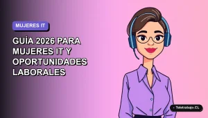 Ilustración vectorial plana de una mujer profesional de tecnología de la información en Chile, con estilo moderno y fondo degradado lavanda. Representa oportunidades laborales en IT para 2026.