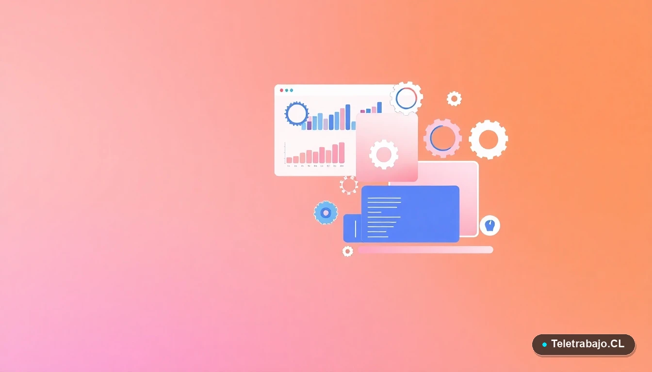 Composición abstracta de interfaz de usuario tecnológica con gráficos y engranajes flotantes, ilustración vectorial plana con fondo degradado melocotón, representando la transformación digital en Chile.