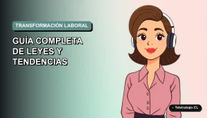 Ilustración vectorial plana de una mujer profesional chilena trabajando remotamente, con un fondo degradado suave y espacio negativo a la izquierda, representando las nuevas leyes y tendencias laborales.