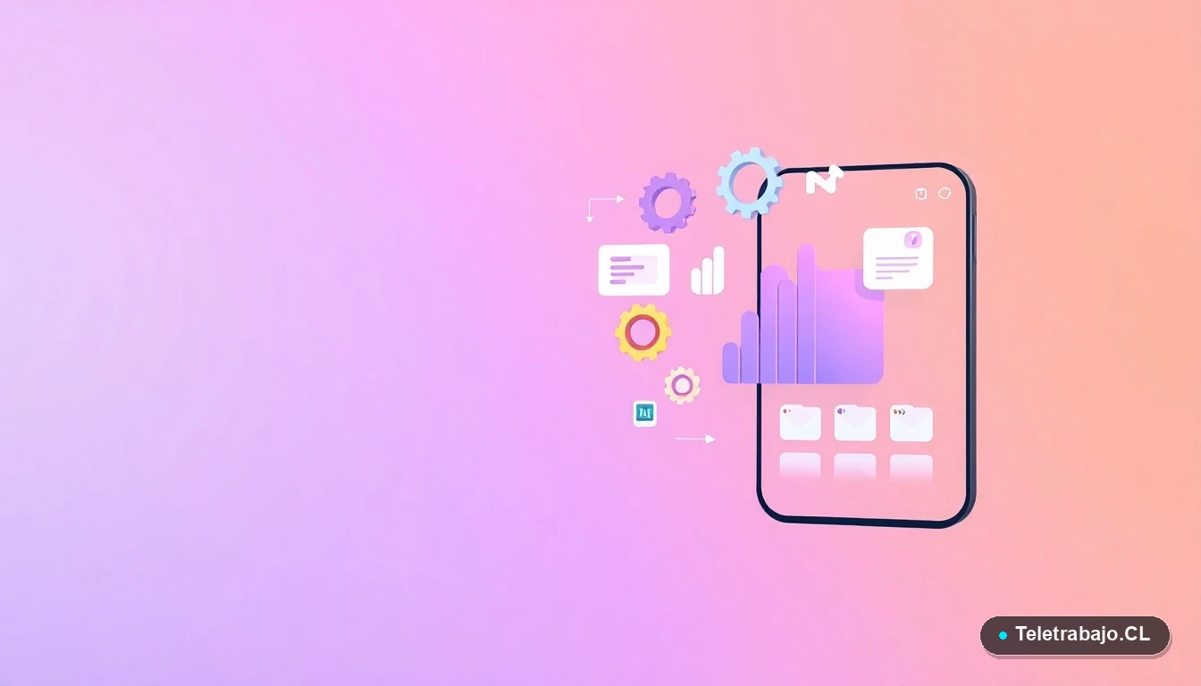 Elementos de interfaz de usuario abstractos y modernos, como gráficos flotantes y engranajes, sobre un fondo degradado lavanda, representando conceptos tecnológicos y de datos para el futuro del trabajo.