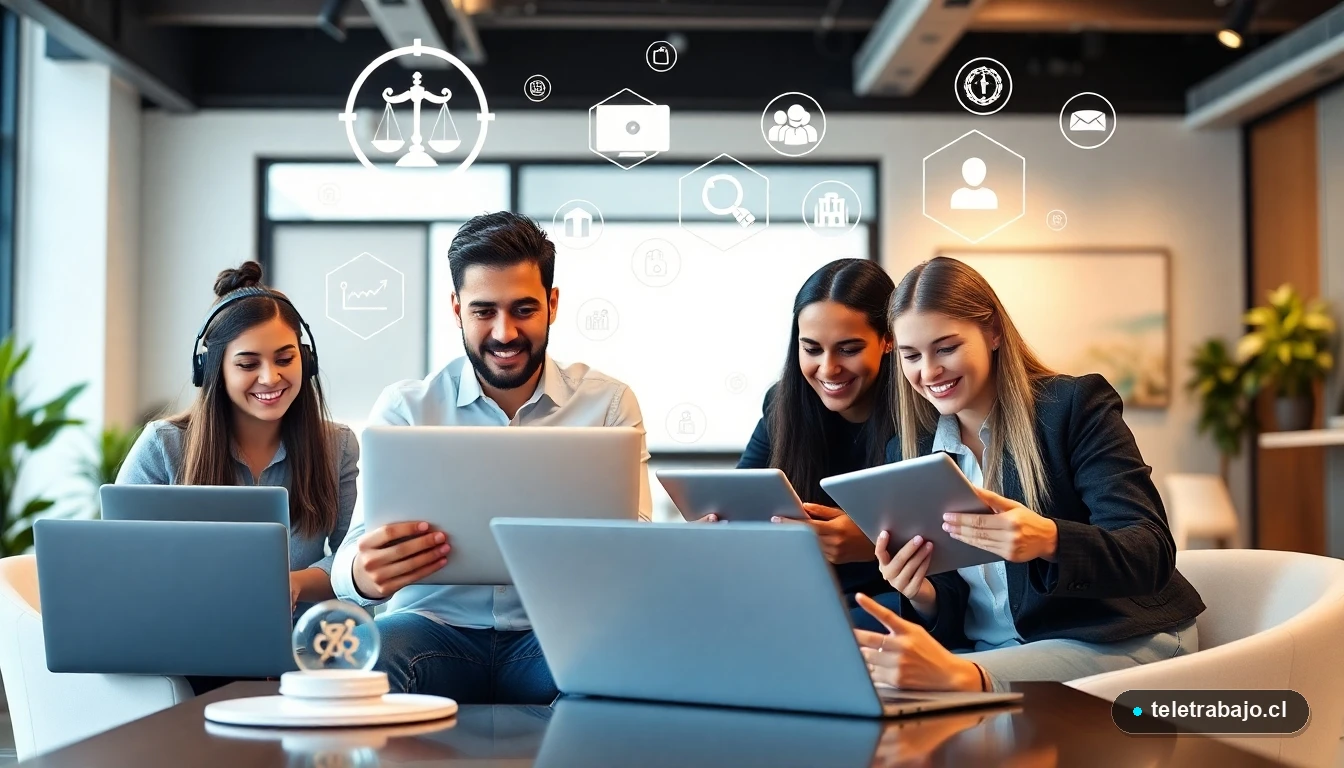 Equipo multigeneracional chileno colaborando en la transformación laboral digital 2026 con herramientas tecnológicas