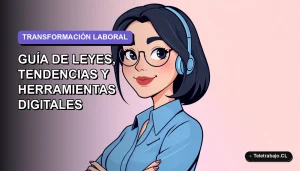 Ilustración vectorial plana de una mujer profesional chilena con blusa azul y corte bob, representando el futuro del trabajo remoto en 2026 con fondo degradado lavanda.