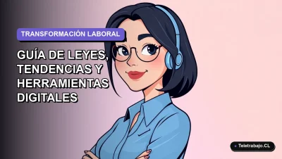 Ilustración vectorial plana de una mujer profesional chilena con blusa azul y corte bob, representando el futuro del trabajo remoto en 2026 con fondo degradado lavanda.