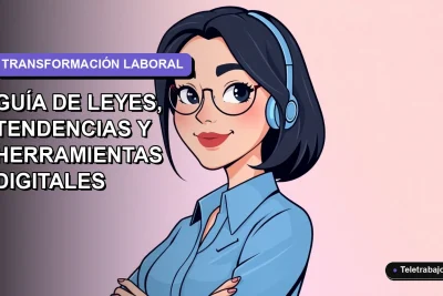Ilustración vectorial plana de una mujer profesional chilena con blusa azul y corte bob, representando el futuro del trabajo remoto en 2026 con fondo degradado lavanda.