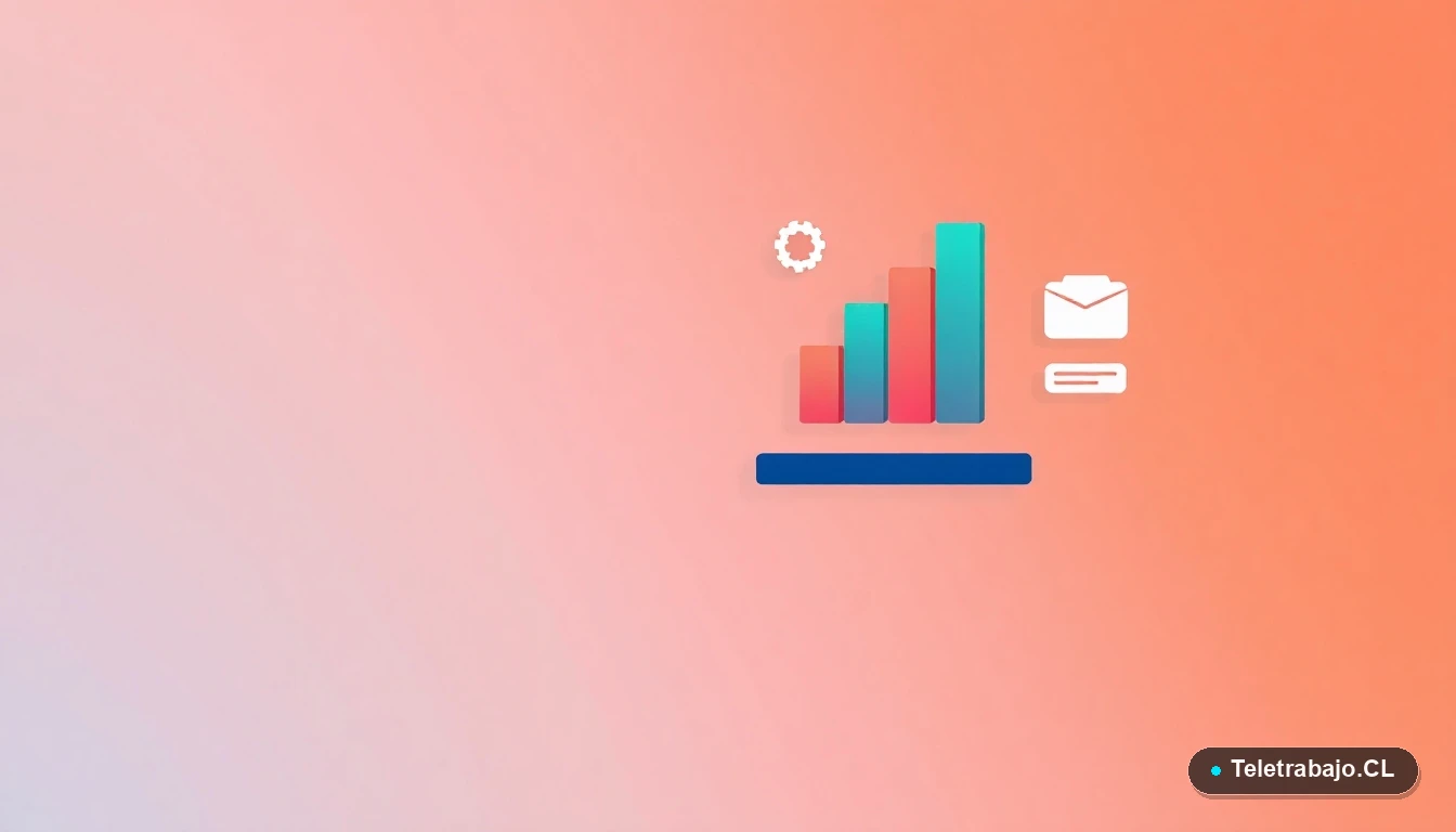 Interfaz de usuario abstracta con gráficos flotantes, engranajes y carpetas en estilo vectorial plano, representando herramientas digitales para el trabajo del futuro en Chile.