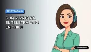 Ilustración vectorial plana de una mujer profesional chilena trabajando remotamente, con fondo degradado azul y espacio negativo minimalista.