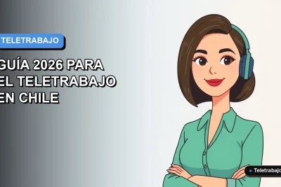 Ilustración vectorial plana de una mujer profesional chilena trabajando remotamente, con fondo degradado azul y espacio negativo minimalista.