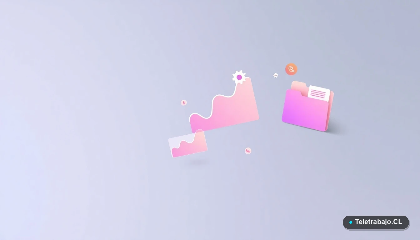 Elementos de interfaz de usuario abstractos y modernos, como gráficos y engranajes flotantes, representando datos y productividad en el teletrabajo.