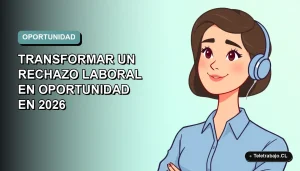 Ilustración plana corporativa de una mujer profesional de teletrabajo con blusa azul, mirando con optimismo, sobre fondo degradado suave. Concepto de crecimiento profesional.