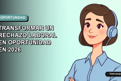 Ilustración plana corporativa de una mujer profesional de teletrabajo con blusa azul, mirando con optimismo, sobre fondo degradado suave. Concepto de crecimiento profesional.