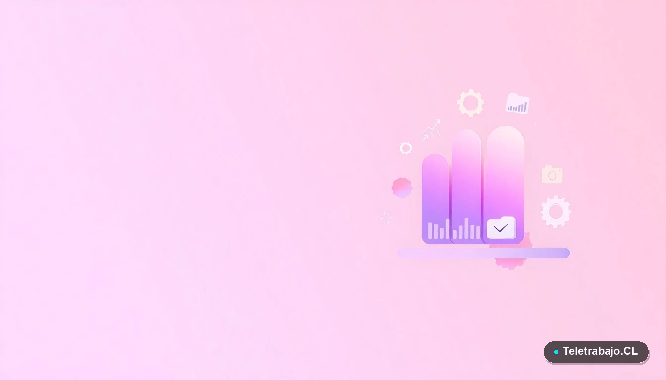 Ilustración abstracta de interfaz de usuario con gráficos flotantes, engranajes y carpetas en tonos lavanda y durazno, sobre fondo degradado. Representa análisis y proceso de mejora.