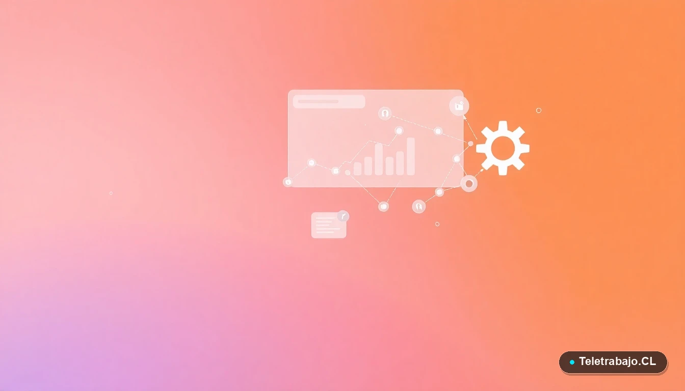 Composición abstracta de interfaz de usuario tecnológica con gráficos y engranajes flotantes, estilo ilustración vectorial corporativa, sobre fondo degradado melocotón.