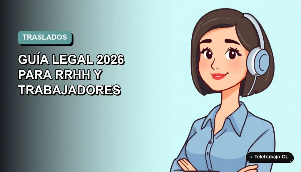 Ilustración vectorial plana de una trabajadora remota con blusa azul y corte bob, sobre fondo degradado azul verdoso, representando conceptos de traslado y transferencia laboral en Chile.