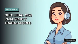 Ilustración vectorial plana de una trabajadora remota con blusa azul y corte bob, sobre fondo degradado azul verdoso, representando conceptos de traslado y transferencia laboral en Chile.