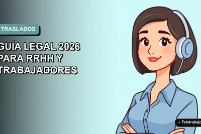 Ilustración vectorial plana de una trabajadora remota con blusa azul y corte bob, sobre fondo degradado azul verdoso, representando conceptos de traslado y transferencia laboral en Chile.