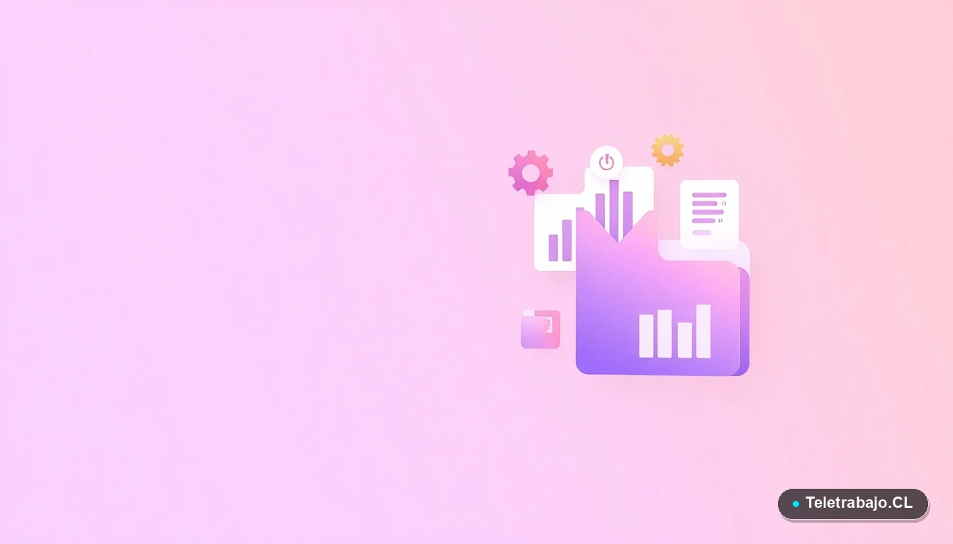 Composición abstracta de interfaz de usuario con gráficos flotantes, un engranaje y carpetas minimalistas en colores lavanda y durazno, sobre fondo degradado lila.