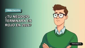 Ilustración vectorial plana de un hombre profesional del rubro tecnológico con suéter verde, mirando con preocupación hacia su izquierda, sobre un fondo degradado suave de color verde azulado. Concepto de impuestos y finanzas para negocios en Chile.