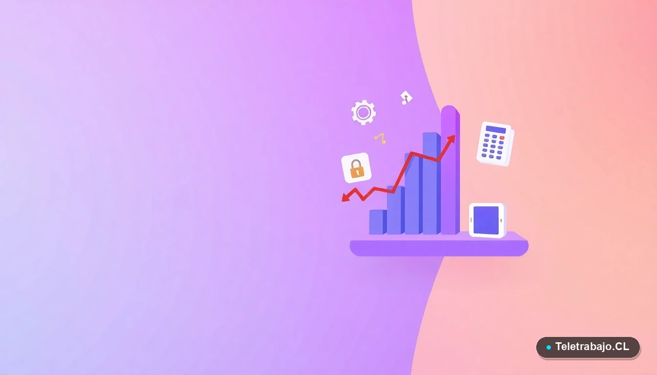 Composición abstracta de interfaz de usuario tecnológica con iconos planos de un gráfico en rojo, un engranaje, una carpeta y una calculadora, sobre un fondo degradado lavanda y melocotón. Representación visual de análisis financiero y cambios regulatorios.