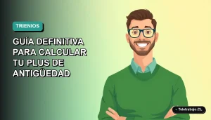 Ilustración plana corporativa de un trabajador masculino de teletrabajo en Chile, con fondo degradado azul verdoso, explicando el cálculo del plus de antigüedad para 2026.