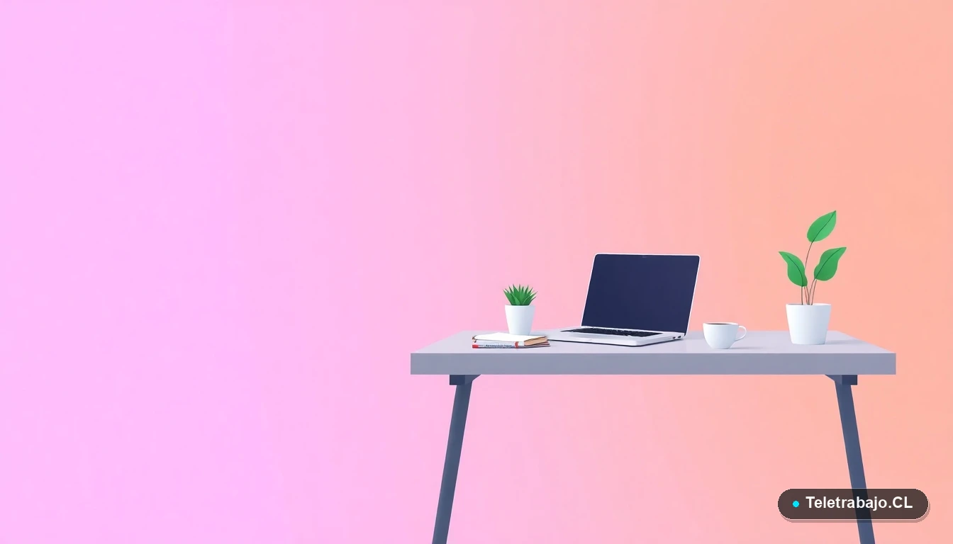 Escritorio moderno minimalista con laptop, cuaderno, taza de café y planta suculenta, ilustración plana sobre fondo degradado lila y durazno. Concepto de espacio de trabajo organizado.