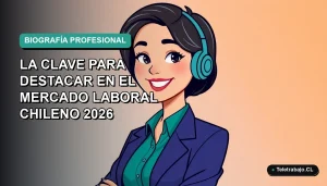 Ilustración plana de mujer profesional chilena sonriendo, con fondo degradado azul verdoso, concepto de currículum y desarrollo de carrera.
