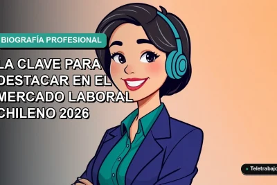 Ilustración plana de mujer profesional chilena sonriendo, con fondo degradado azul verdoso, concepto de currículum y desarrollo de carrera.