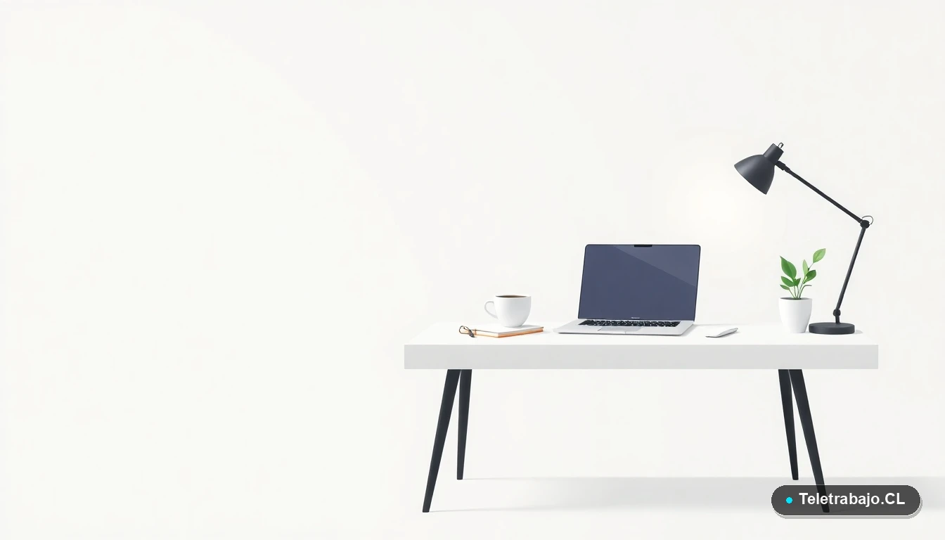 Escritorio moderno minimalista con laptop, cuaderno y planta, sobre fondo degradado fresco, representando un espacio de trabajo profesional y ordenado.