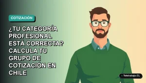 Ilustración plana de un trabajador remoto masculino con suéter verde, sobre un fondo degradado azul verdoso, representando la consulta sobre grupo de cotización en Chile.