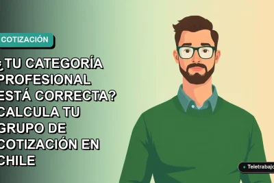 Ilustración plana de un trabajador remoto masculino con suéter verde, sobre un fondo degradado azul verdoso, representando la consulta sobre grupo de cotización en Chile.