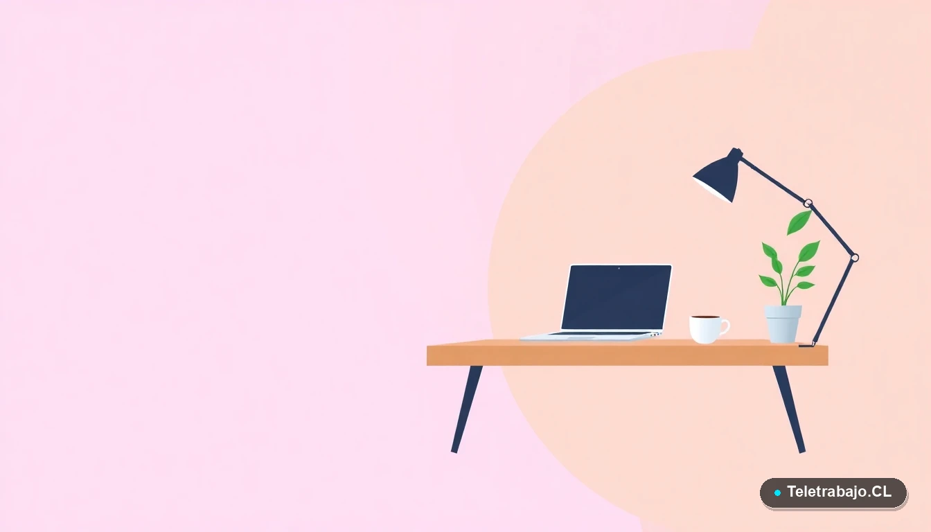 Escritorio moderno minimalista con laptop, cuaderno y taza de café, sobre fondo degradado lila y durazno, concepto de cálculo laboral y teletrabajo en Chile.