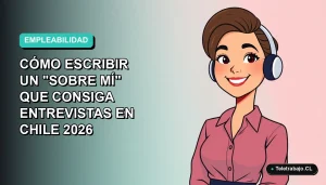 Ilustración plana vectorial de una mujer profesional chilena sonriendo, con fondo degradado azul verdoso, para artículo sobre cómo escribir un buen CV.
