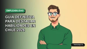 Ilustración vectorial plana de un trabajador profesional masculino con suéter verde, mirando confiado, sobre fondo degradado verde marino, concepto de currículum y empleo en Chile.