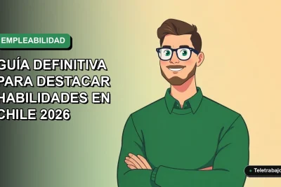 Ilustración vectorial plana de un trabajador profesional masculino con suéter verde, mirando confiado, sobre fondo degradado verde marino, concepto de currículum y empleo en Chile.