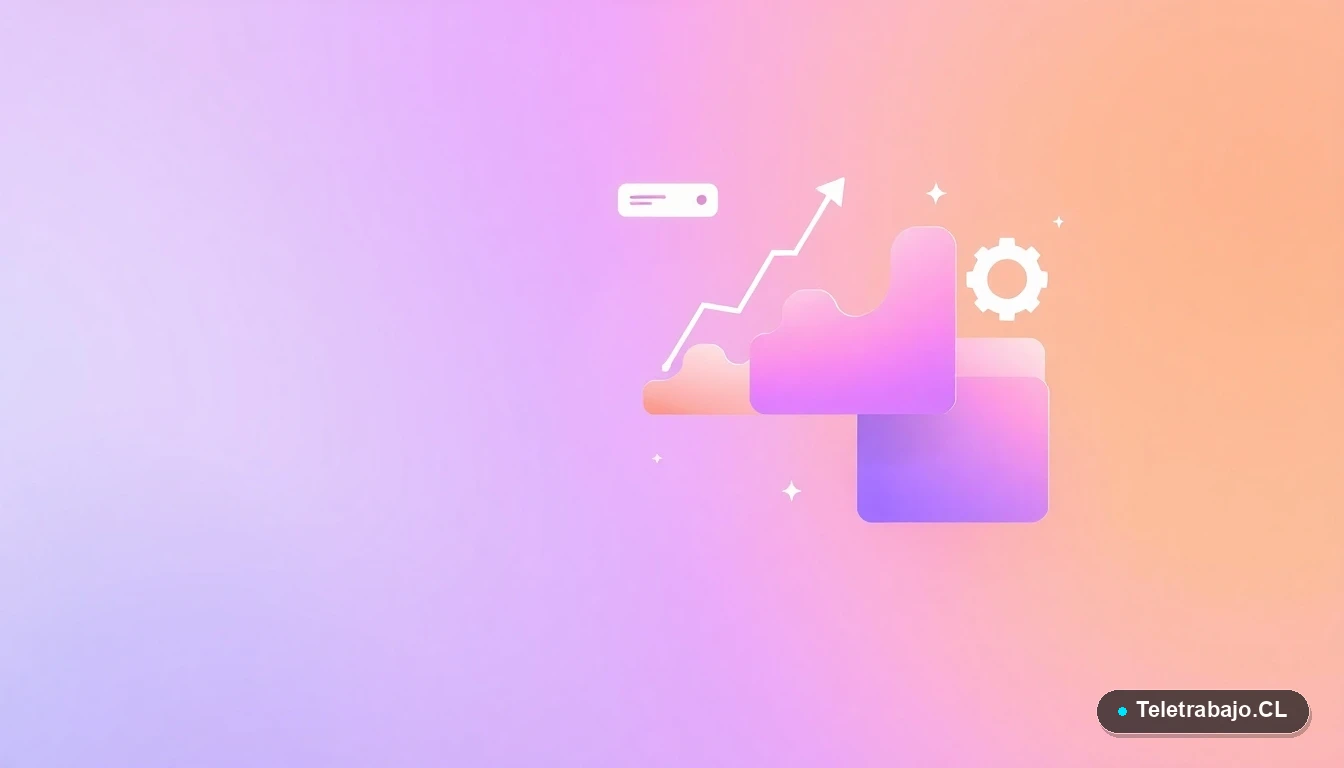 Composición abstracta de interfaz de usuario con gráficos, engranajes y carpetas flotantes en tonos lavanda y durazno, sobre fondo degradado, concepto de habilidades técnicas y datos.