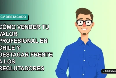 Ilustración vectorial plana de un trabajador remoto masculino con camisa azul, sobre un fondo degradado verde azulado, representando el valor profesional en Chile.