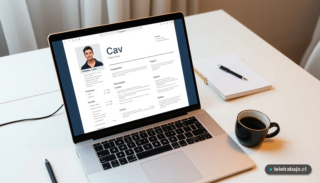Escritorio moderno con laptop mostrando un CV de copywriter profesional en Chile, enfatizando diseño y contenido estratégico.