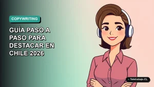 Ilustración vectorial plana de una mujer profesional chilena sonriendo, con fondo degradado azul verdoso. Representa el éxito en la creación de un currículum de copywriter.