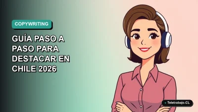 Ilustración vectorial plana de una mujer profesional chilena sonriendo, con fondo degradado azul verdoso. Representa el éxito en la creación de un currículum de copywriter.