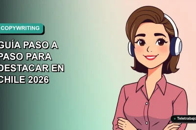 Ilustración vectorial plana de una mujer profesional chilena sonriendo, con fondo degradado azul verdoso. Representa el éxito en la creación de un currículum de copywriter.