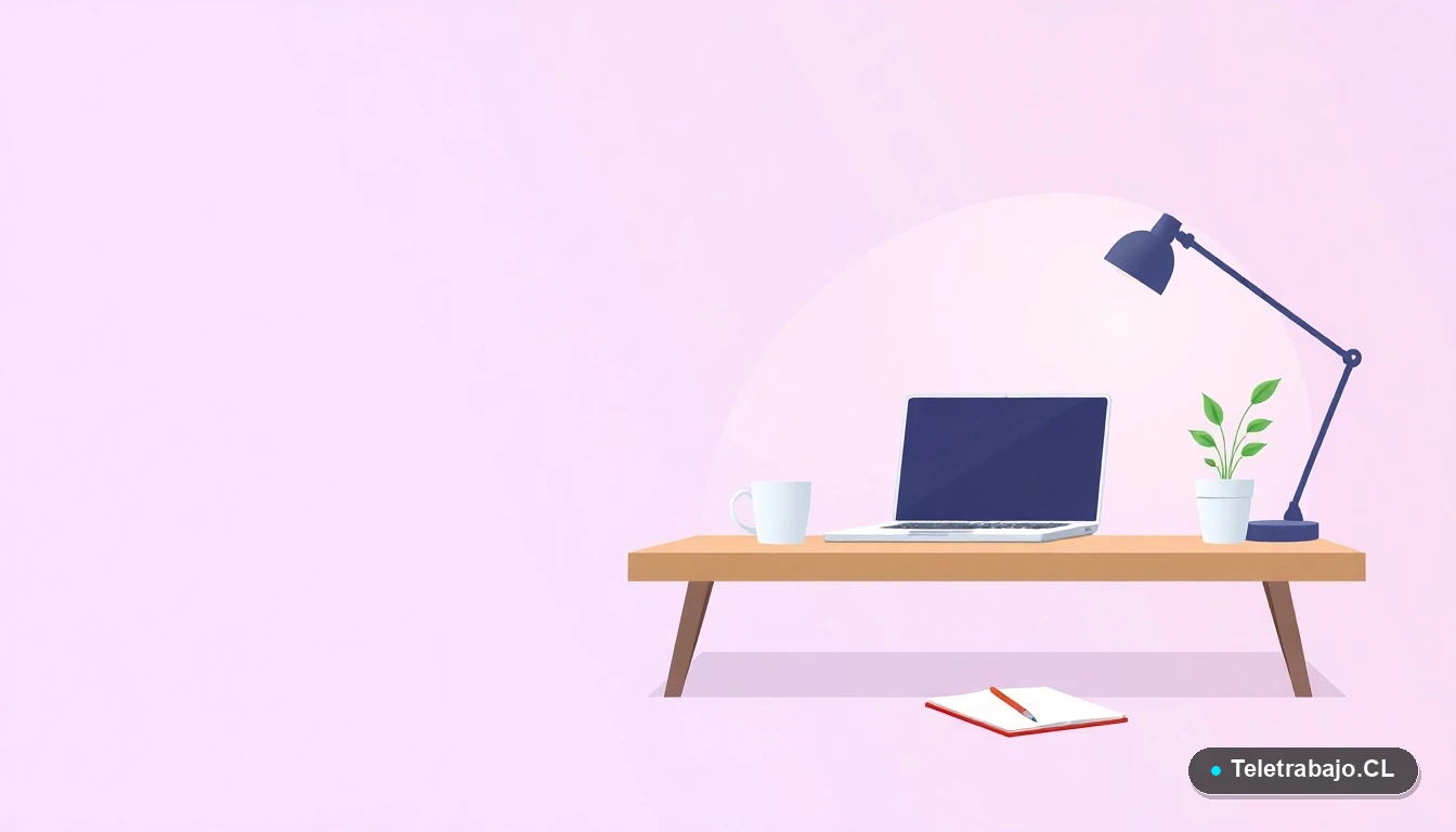 Escritorio moderno minimalista con laptop, cuaderno, café y planta, en estilo ilustración vectorial plana. Concepto de espacio de trabajo profesional para copywriters en Chile.