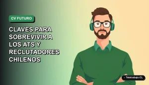 Ilustración plana vectorial de un trabajador remoto masculino, con suéter verde, junto a un escritorio moderno vacío. Fondo con gradiente suave de color verde mar.