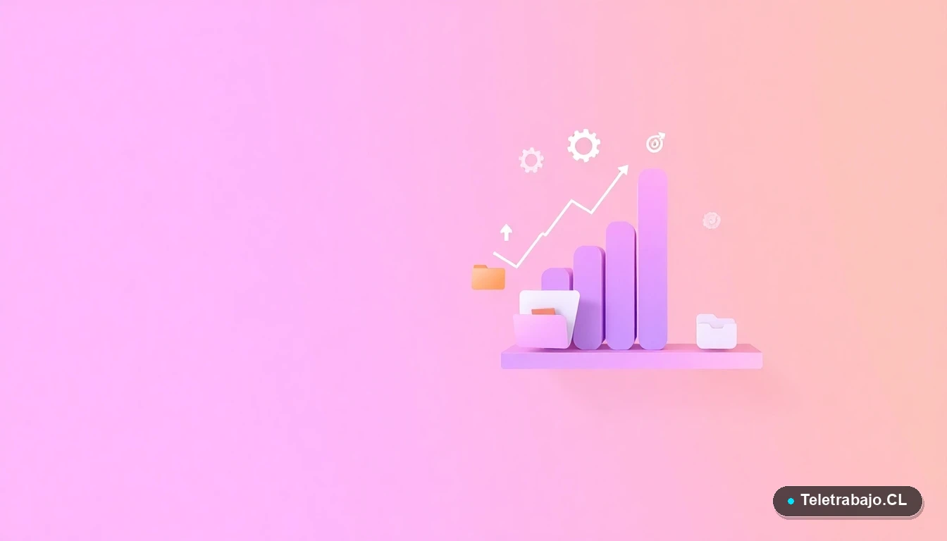 Ilustración abstracta de interfaz de usuario tecnológica con gráficos y engranajes flotantes en colores lavanda y durazno, sobre un fondo con gradiente.